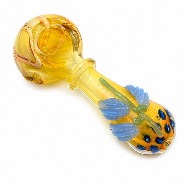 Amber Pumpkin Glass Spoon Pipe with Blue Leaf Accents - 4 inch