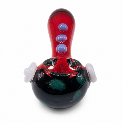 Red Frit Glass Spoon Pipe with White Marbles and Lavender Dots - 5 Inch