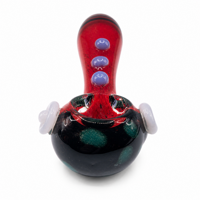 Red Frit Glass Spoon Pipe with White Marbles and Lavender Dots - 5 Inch