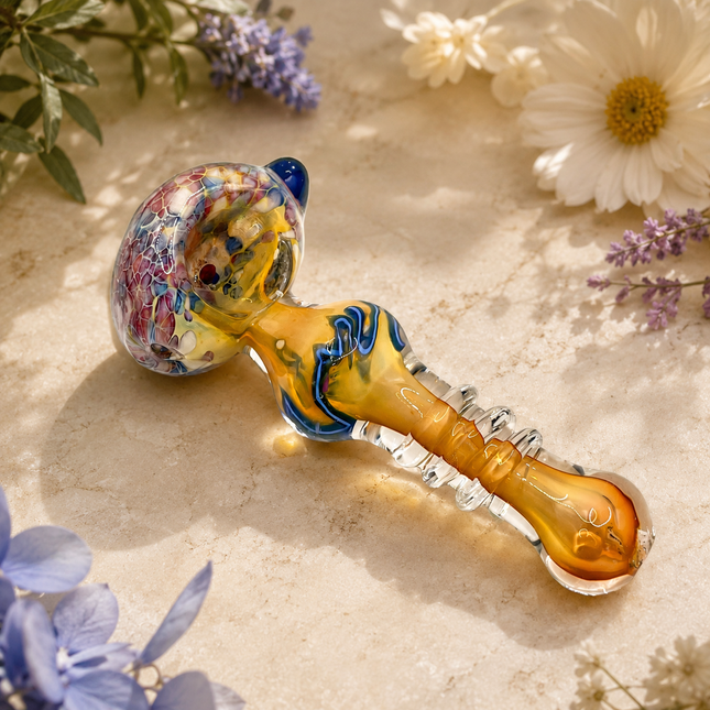 Amber Crimson Crackle Glass Spoon Pipe Curvy Body Hand Pipe - 4.5 inch