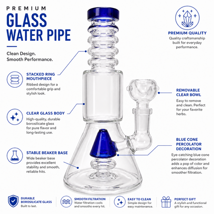 Navy Stratos Tri Cone Percolator Glass Water Pipe 14mm 7 inch