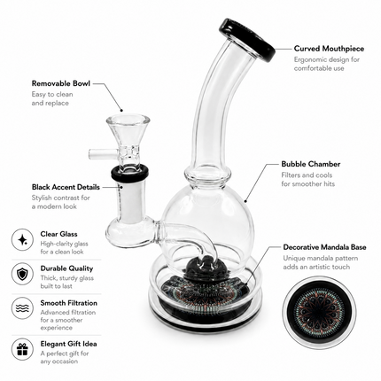 Midnight Mandala Black Sphere Glass Bong Disc Percolator 14mm Bowl 7 Inch