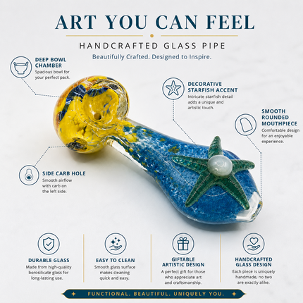 Blue Yellow Glass Spoon Pipe with Green Starfish Accent - 4 inch