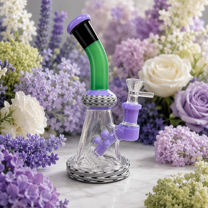 Green Purple Black Wave Glass Water Pipe Cage Percolator Bent Neck 9 inch