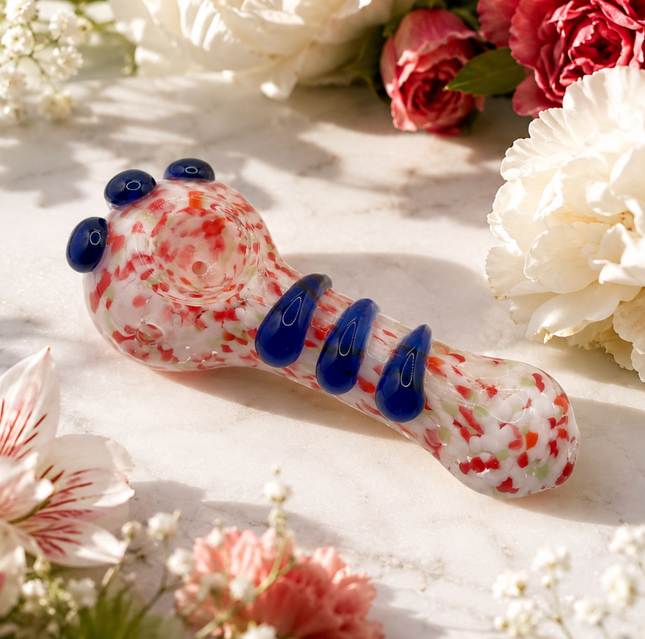 Red White Frit Handcraft Glass Spoon Pipe Cobalt Blue Marble Accents 4.5 inch