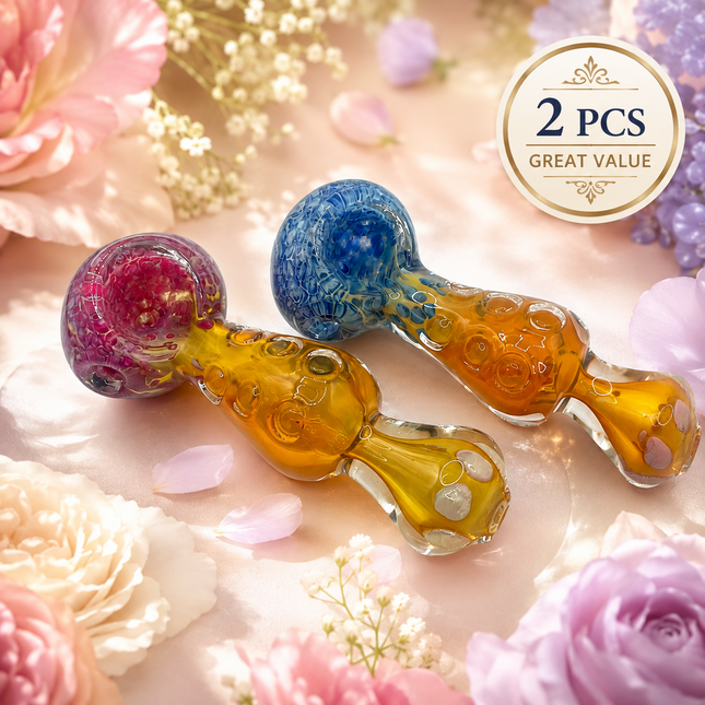 [2PC Bundle] Ocean Flame Ribbon Glass Hand Pipe Blue Orange Swirl 4.5 Inch