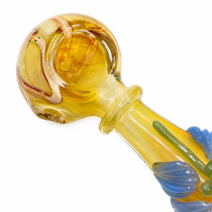 Amber Pumpkin Glass Spoon Pipe with Blue Leaf Accents - 4 inch