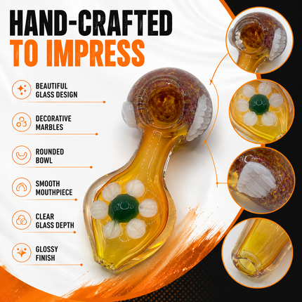 Amber Daisy Glass Spoon Pipe with White Petal Accent - 5 Inch