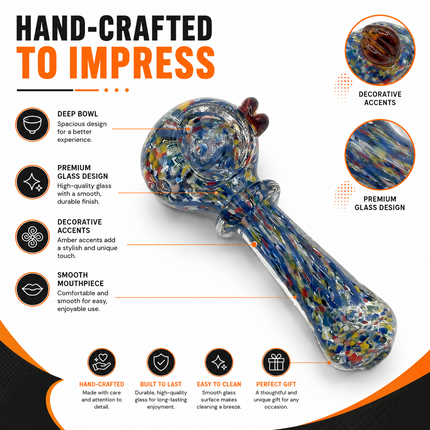 Confetti Blue Glass Spoon Pipe with Amber Crown – 4 Inch Hand Pipe