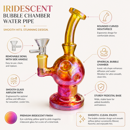 Gold Pink Iridescent Orb Glass Water Pipe 14mm Bowl Curved Neck 14mm 7.5 inch