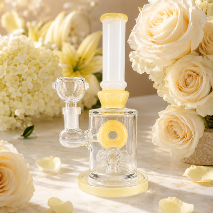 Milky Yellow Bottle Glass Bong with Donut Percolator & Bowl - 7.5 inch
