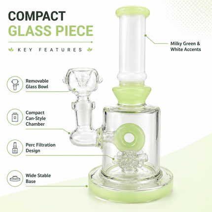 Milky Green Bottle Glass Bong with Donut Percolator & Bowl - 7.5 inch
