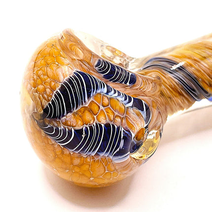Camel Zebra Stripe Glass Spoon Pipe with Yellow Swirl – 4 Inch Hand Pipe Deep Bo