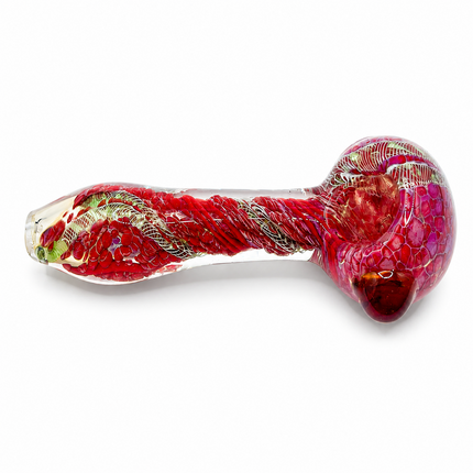 Crimson Red Silver Web Twist Glass Spoon Pipe Amber Marble Accent - 4.5 inch