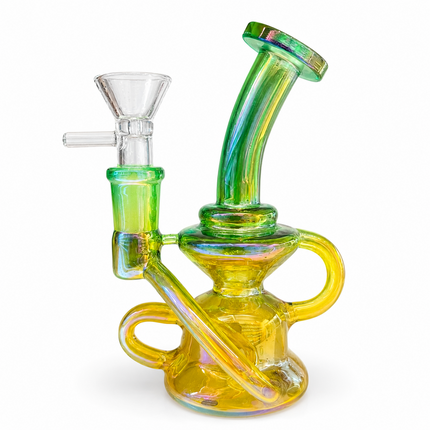 Mini Green Gold Chrome Recycler Glass Bong with Bowl & Loop Handle - 5 inch