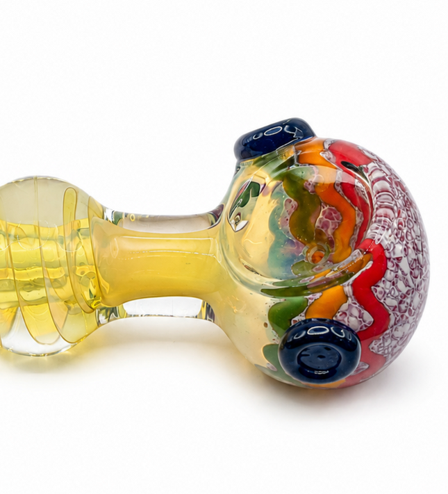 Clear Fumed Rasta Swirl Glass Spoon Pipe with Red Frit Mouthpiece - 5 Inch