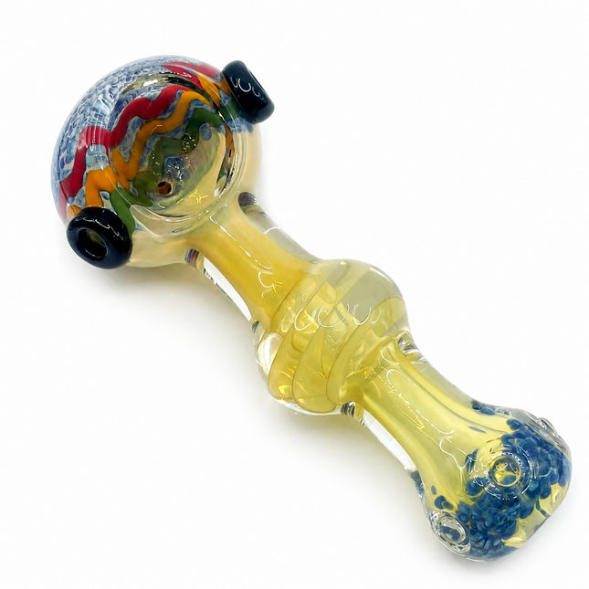 Clear Fumed Rasta Swirl Glass Spoon Pipe with Navy Marbles - 5 Inch