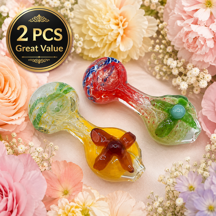 [2PC Bundle] Garden Bloom Flower Accent Glass Hand Pipes Assorted Colors 4 Inch