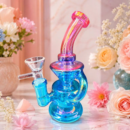 Mini Blue Pink Chrome Recycler Glass Bong with Bowl & Loop Handle - 6 inch
