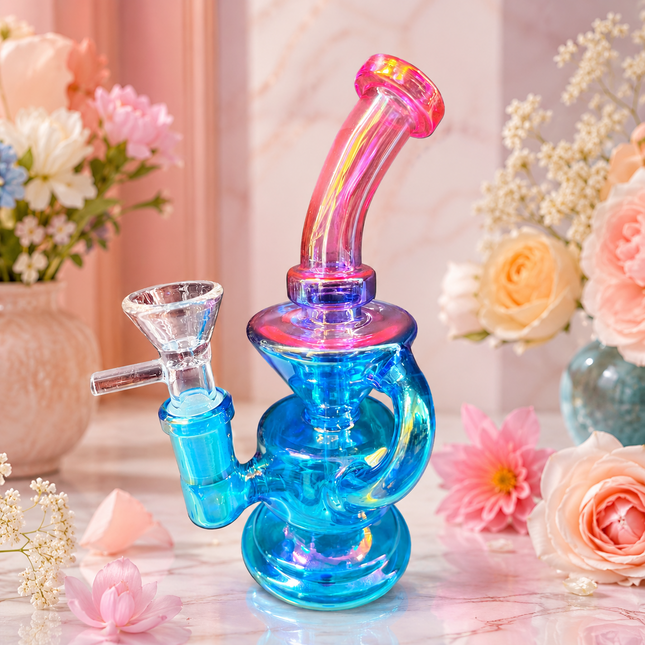 Mini Blue Pink Chrome Recycler Glass Bong with Bowl & Loop Handle - 6 inch