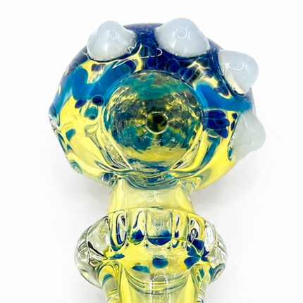 Pale Yellow Blue Gobblin Glass Spoon Pipe with White Marble Accents - 4.5 inch
