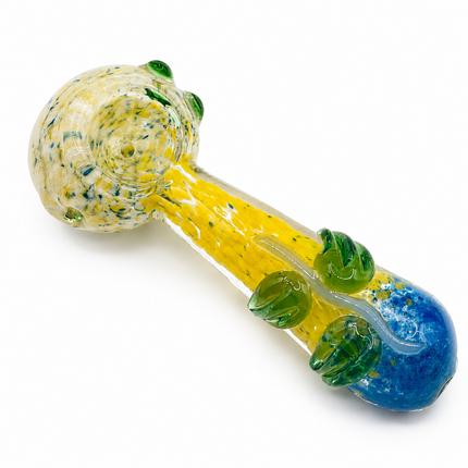 Yellow Blue Confetti Glass Spoon Pipe with Green Leaf Accents -  4 inch