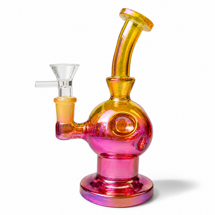 Gold Pink Iridescent Orb Glass Water Pipe 14mm Bowl Curved Neck 14mm 7.5 inch