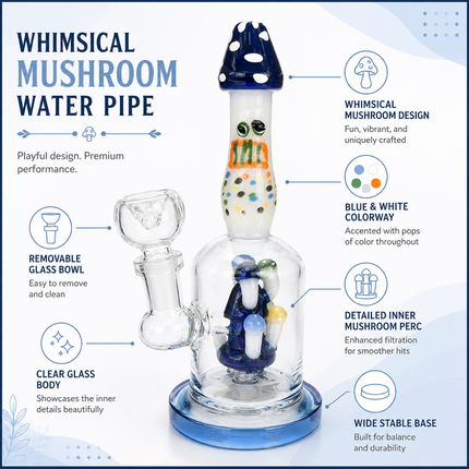 Navy Glass Bong with Whimsical Mushroom Percolator & Bowl - 7.5 inch