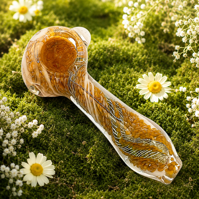 Camel Lace Glass Spoon Pipe with White Wave Detail – 4 Inch Hand Pipe Deep Bowl
