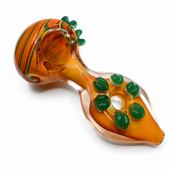 Amber Rainbow Glass Spoon Pipe Green Leaf Grips 5 Inch Hand Pipe