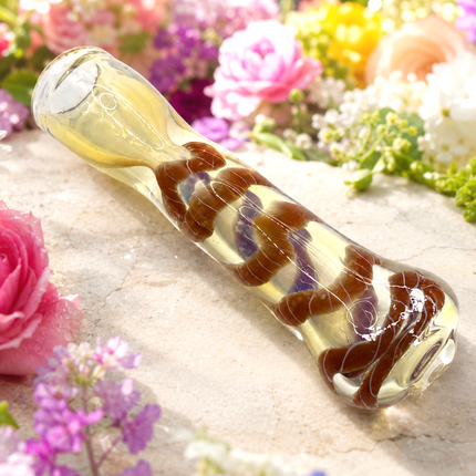 Caramel Ribbon Handcraft Glass Chillum Pipe Clear Brown Wrap 3~3.5 inch