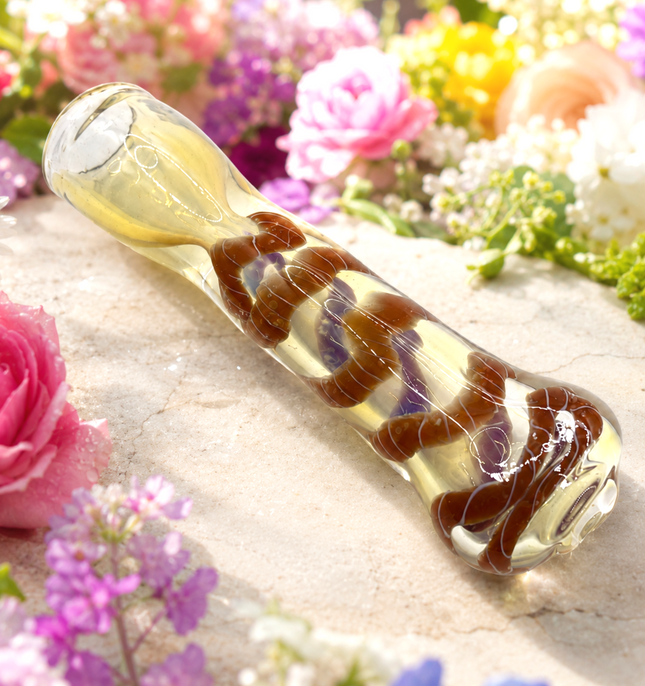 Caramel Ribbon Handcraft Glass Chillum Pipe Clear Brown Wrap 3~3.5 inch