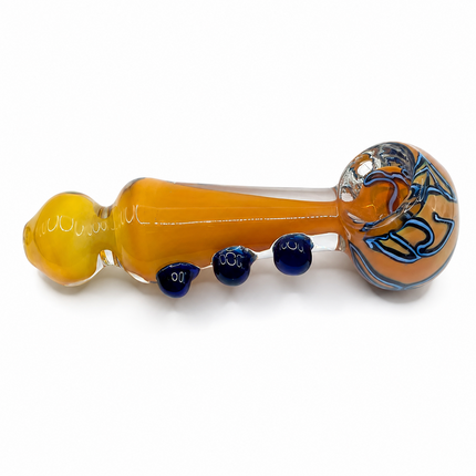 Amber Glass Spoon Pipe with Navy Blue Marbles and Swirl Bowl - 5 Inch