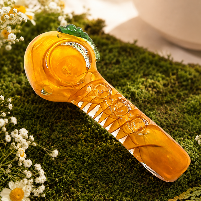 Pumpkin Glass Spoon Pipe with Green Leaf Detail – 4 Inch Hand Pipe Deep Bowl