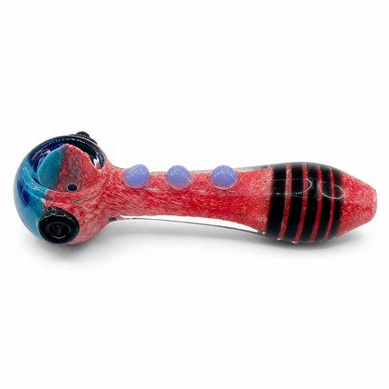 Red Frit Glass Spoon Pipe Blue Bowl Black Stripe 5 Inch Hand Pipe