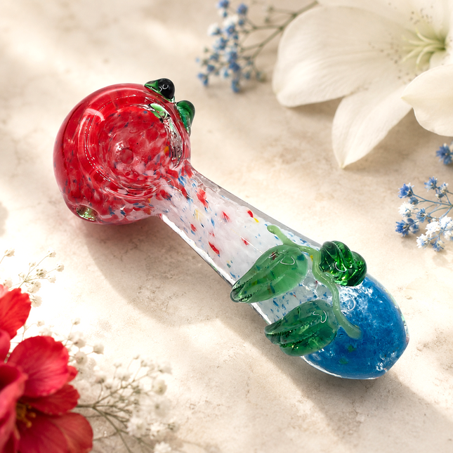 Red Blue Confetti Glass Spoon Pipe with Green Leaf Accents - 4 inch