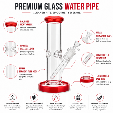 Red Accent Straight Tube Glass Water Pipe Ice Catcher 14mm Bowl 11 inch