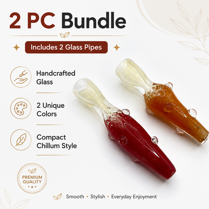 [2PC Bundle] Crimson Honey Handcraft Glass Chillum Pipes Red Amber 3~3.5 inch