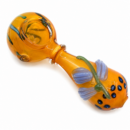 Amber Orange Pumpkin Glass Spoon Pipe with Lavender Leaf Accents - 4 inch