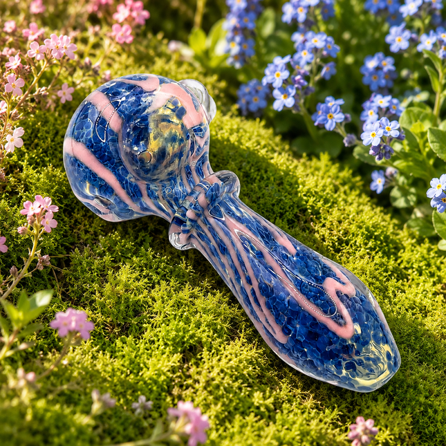 Blue Pink Glass Spoon Pipe with Pink Swirls – 4 Inch Hand Pipe