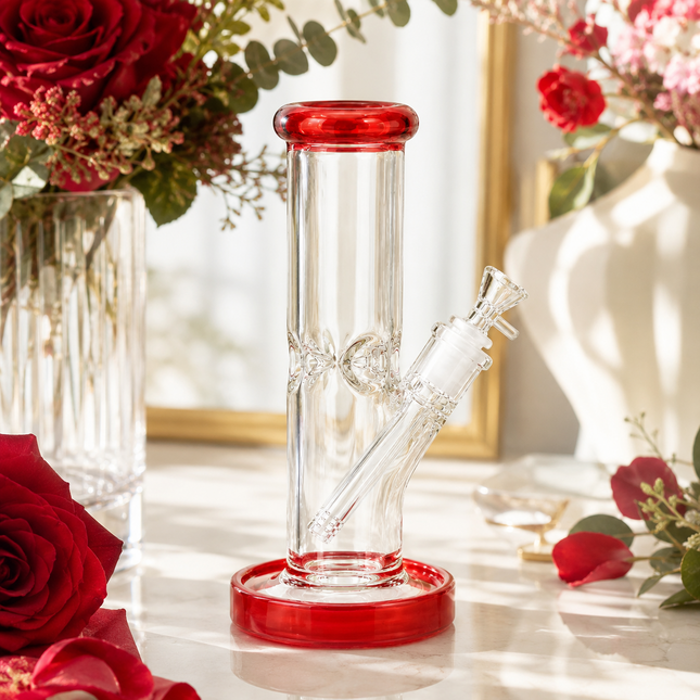 Red Accent Straight Tube Glass Water Pipe Ice Catcher 14mm Bowl 11 inch