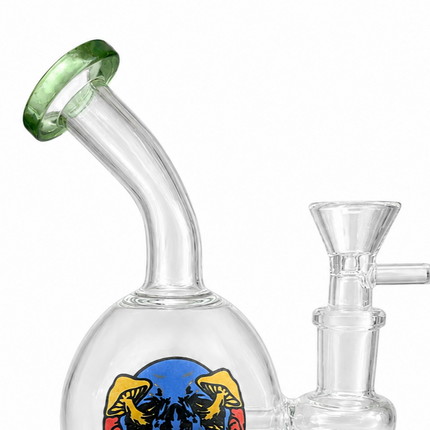 Green Accent Mushroom Skull Round Bubbler Round Glass Water Pipe 14mm - 6 inch