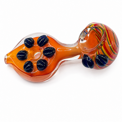 Amber Rainbow Stripe Glass Spoon Pipe with Black Dot Grips - 5 Inch