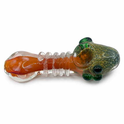 Clear Fumed Orange Glass Spoon Pipe with Green Marbles and Ribbed Grip - 5 Inch