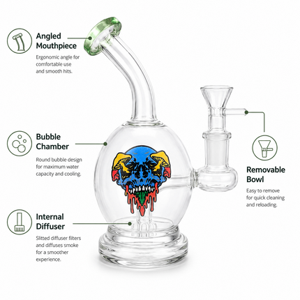 Green Accent Mushroom Skull Round Bubbler Round Glass Water Pipe 14mm - 6 inch