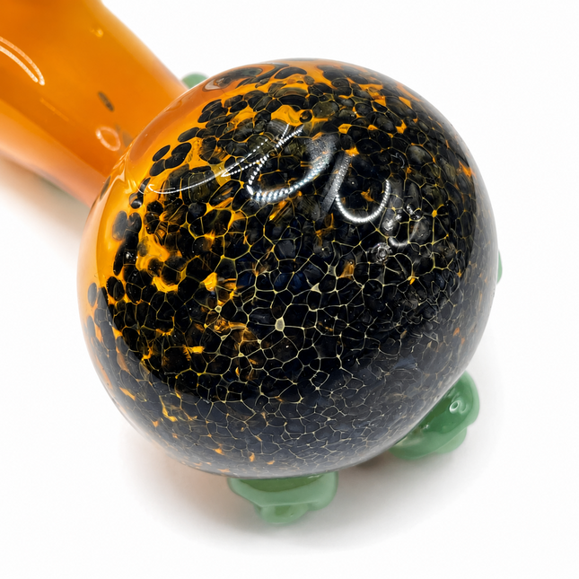Amber Fumed Glass Spoon Pipe with Sage Green Flower Marbles - 5 Inch