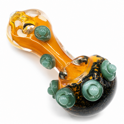 Amber Fumed Glass Spoon Pipe with Sage Green Flower Marbles - 5 Inch