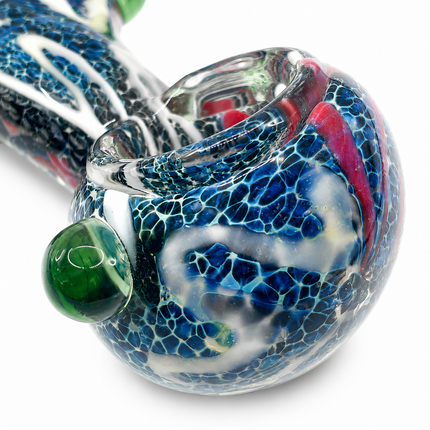 Blue Frit Twisted Body Glass Spoon Pipe with Green Raised Accents - 5 Inch