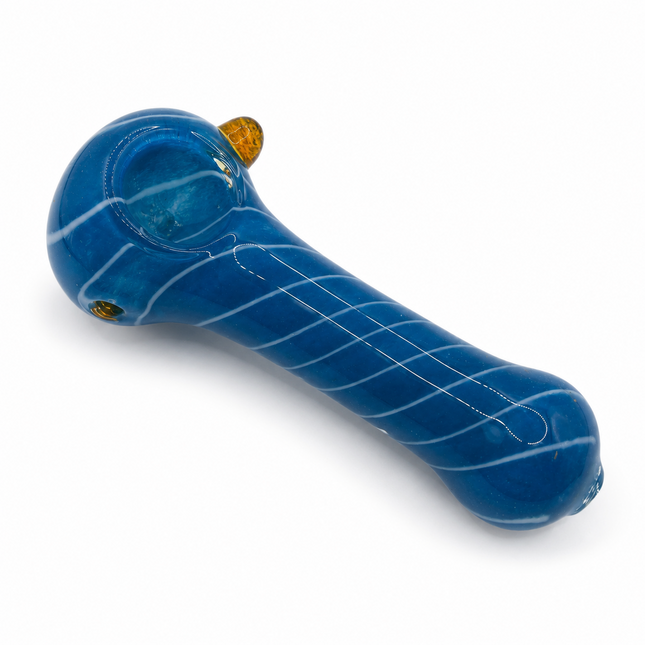 Ocean Blue White Spiral Glass Spoon Pipe with Amber Accent – 4.5 Inch Hand Pipe