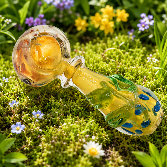Citrus Leaf Glass Spoon Pipe with Blue Dots – 4 Inch Hand Pipe